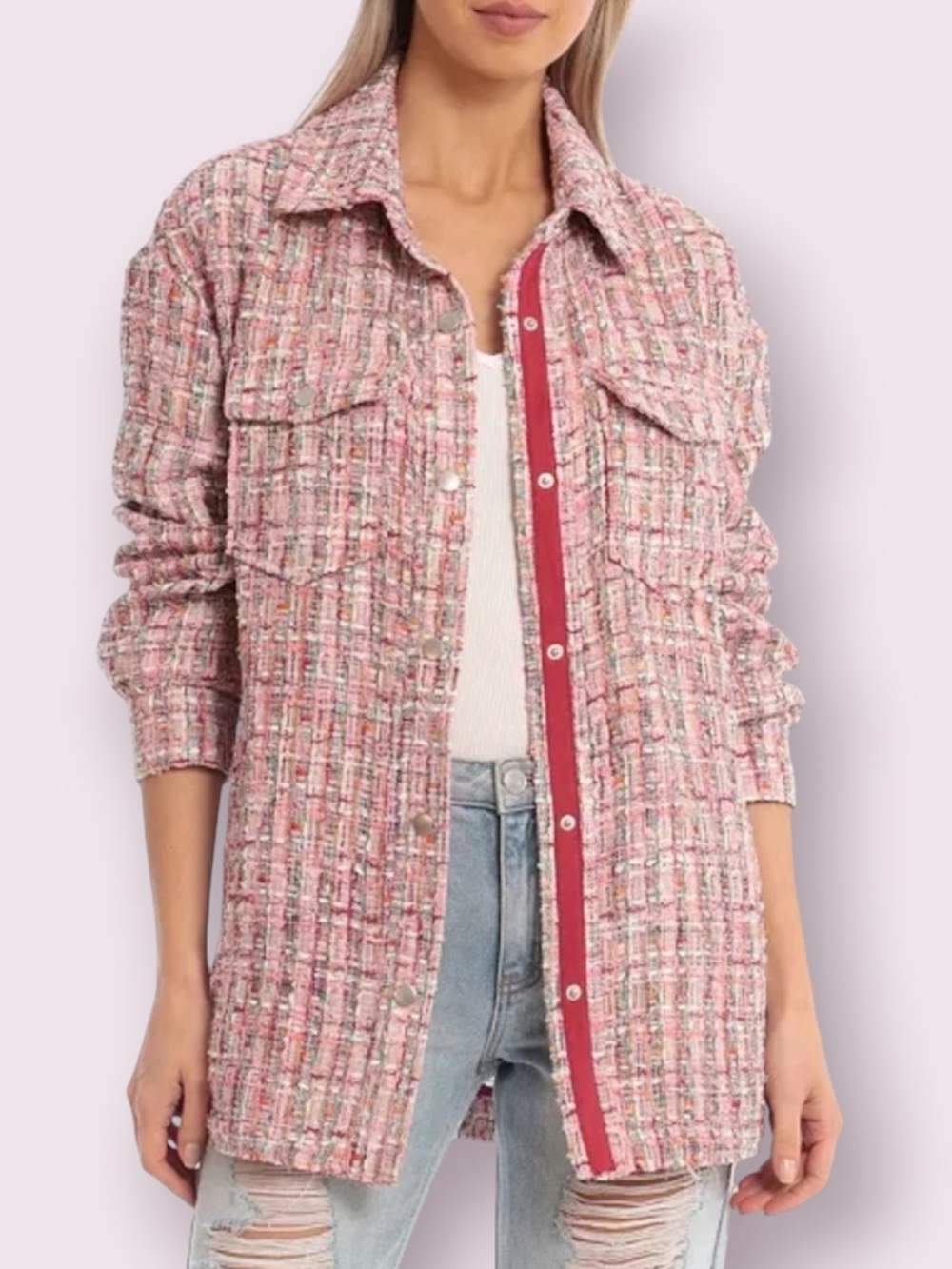 Avec Les Filles Long Pink Tweed Shacket Shirt Jacket Oversized Small